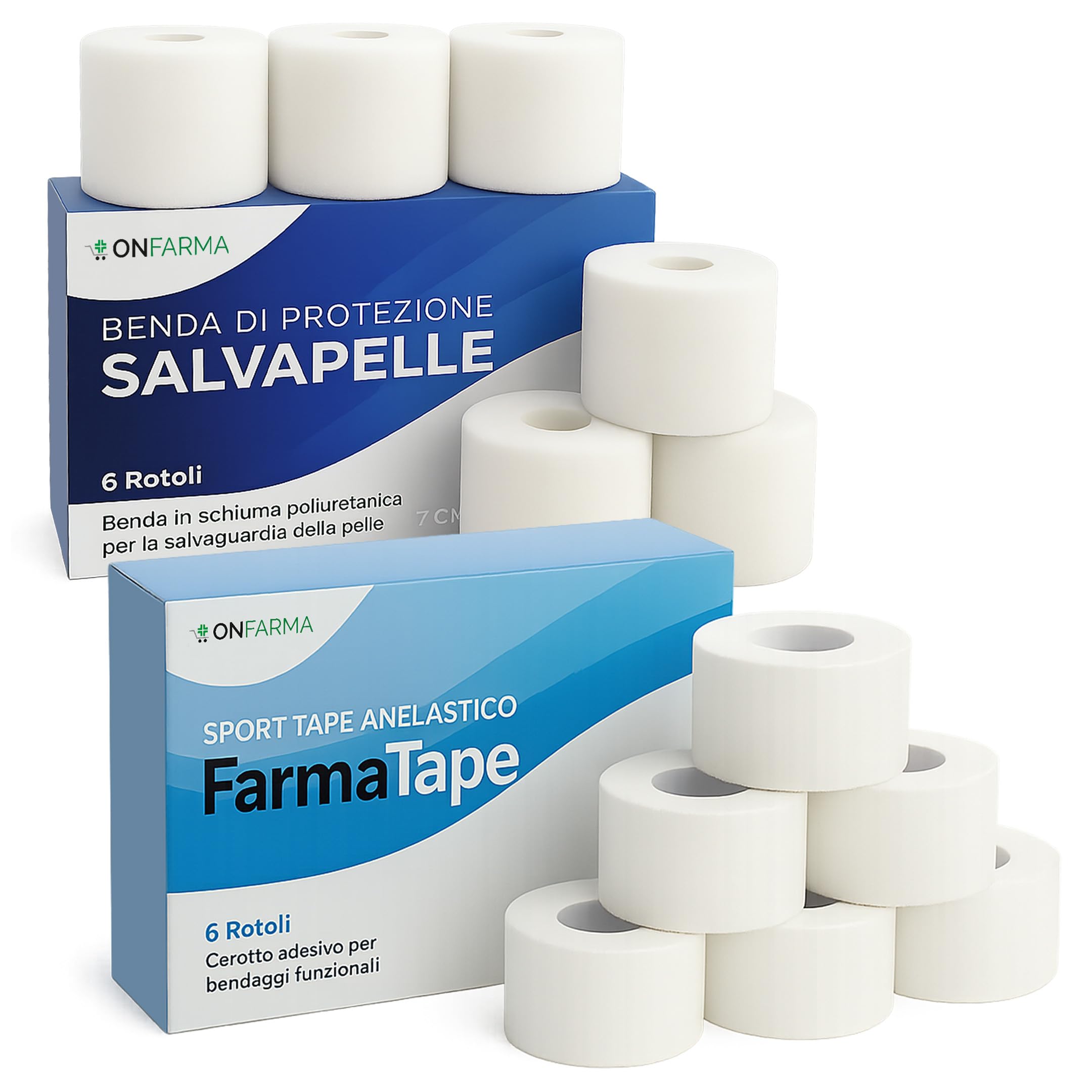 KIT 6 SALVAPELLE cm 7x27 mt + 6 FARMATAPE cm 5x10 mt Sport tape nastro Calcio, Crossfit, Pallavolo, taping cerotto sport strappal bendaggi calcio