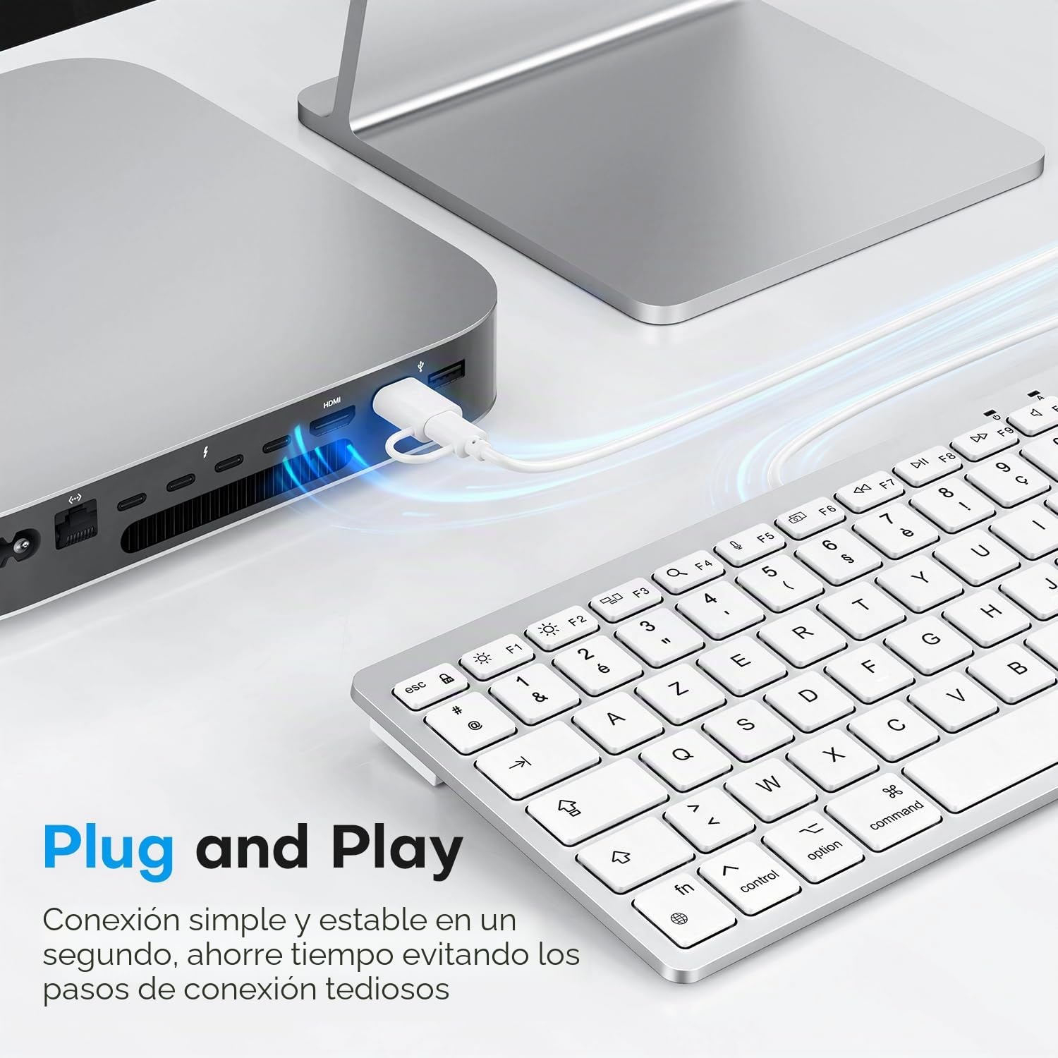 OMOTON Teclado con Cable para Mac, Teclado con conexión Dual (Type C/USB), Teclas silenciosas y conexión Estable, Compatible con Mac, iMac, Mac Mini (FR-Plata)