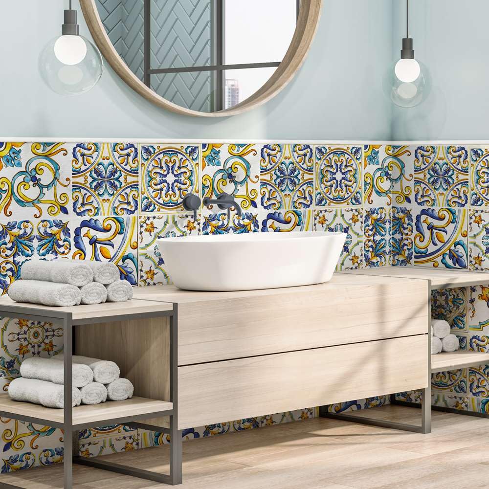 RE-COVERTILES - Adesivi Piastrelle Cucina Bagno Mattonelle adesive in PVC Impermeabili Antigraffio Stickers Decorazione Parete Cementine Peel and Stick - Modello 15 Pz 20x20 cm PS00163 Made in Italy