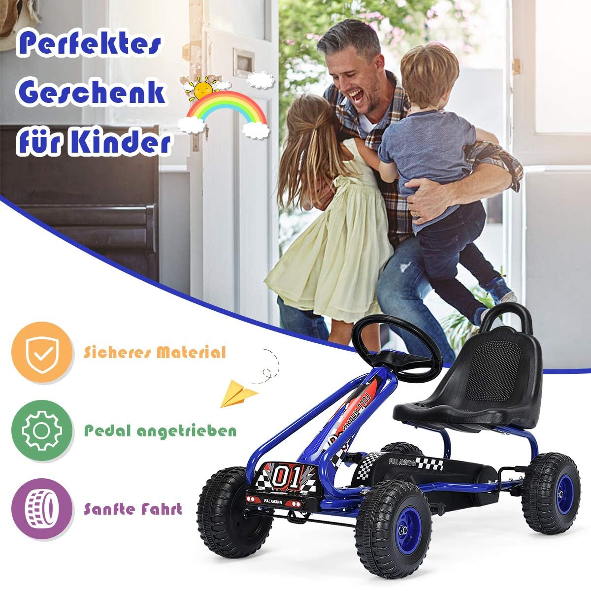 FANTASK Gokart od 3 lat, pojazd na pedały z regulowanym siedziskiem i hamulcem ręcznym, obciążenie do 30 kg, pojazd dziecięcy (niebieski)