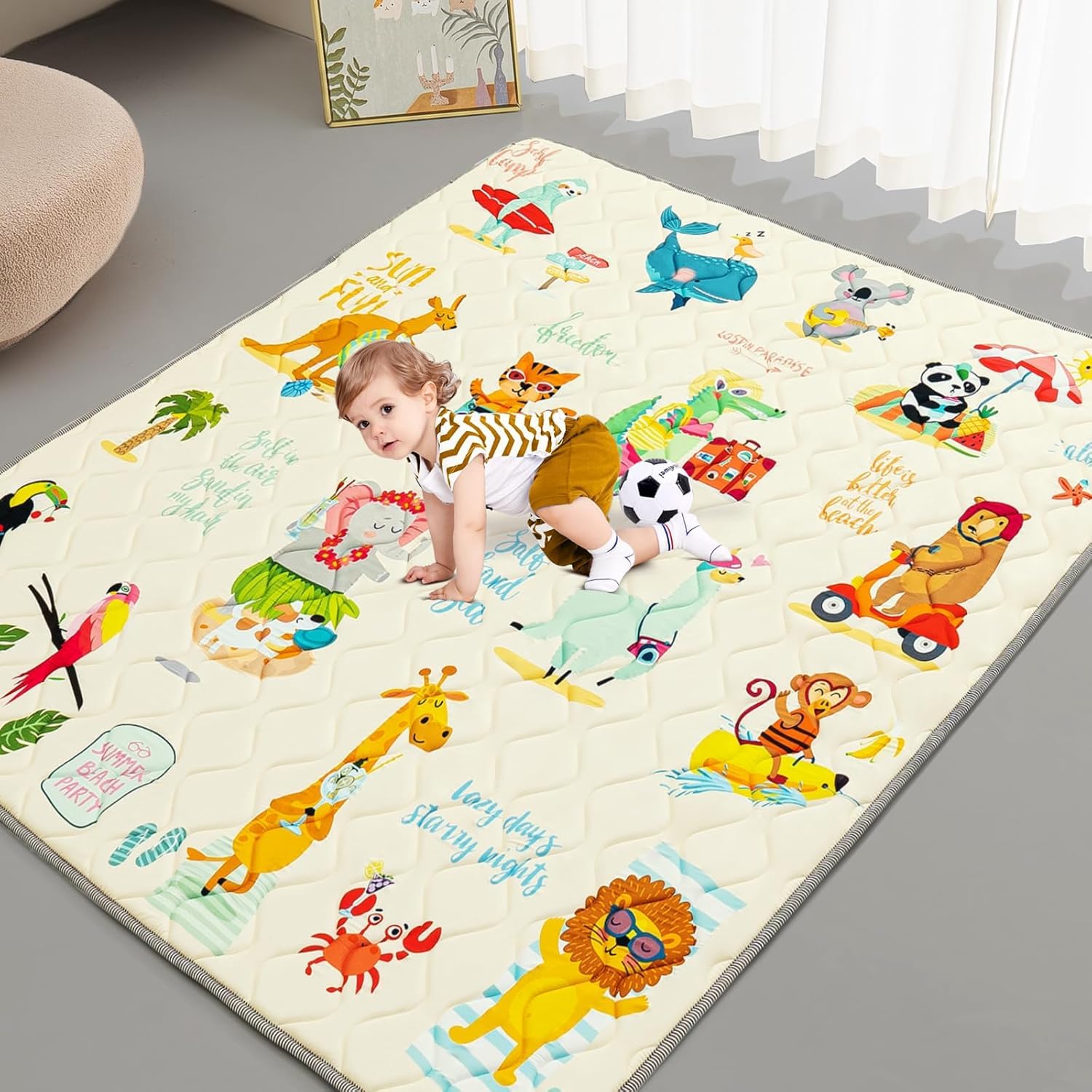 Baby Play Mat for Floor Baby Crawling Mat Foldable Play Mat Thicken Soft Padding Playmats for Babies and Toddlers Infants Easy Care Machine Washable (71" x 59", Beach Animals)