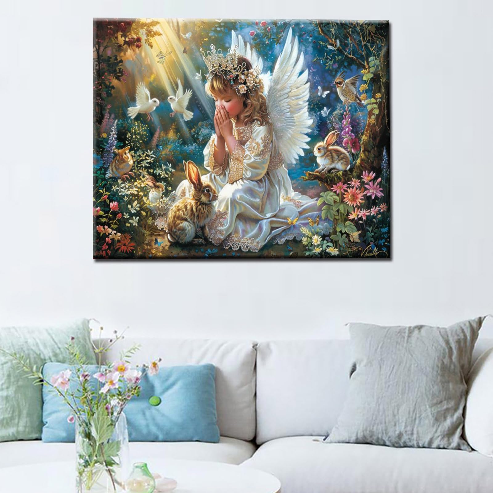 Kit de peinture à l'huile par numéros pour adultes - Motif ange priant dans la forêt - Peinture acrylique sur toile avec fleurs d'animaux mignons - 40,6 x 50,8 cm (cadre à faire soi-même)