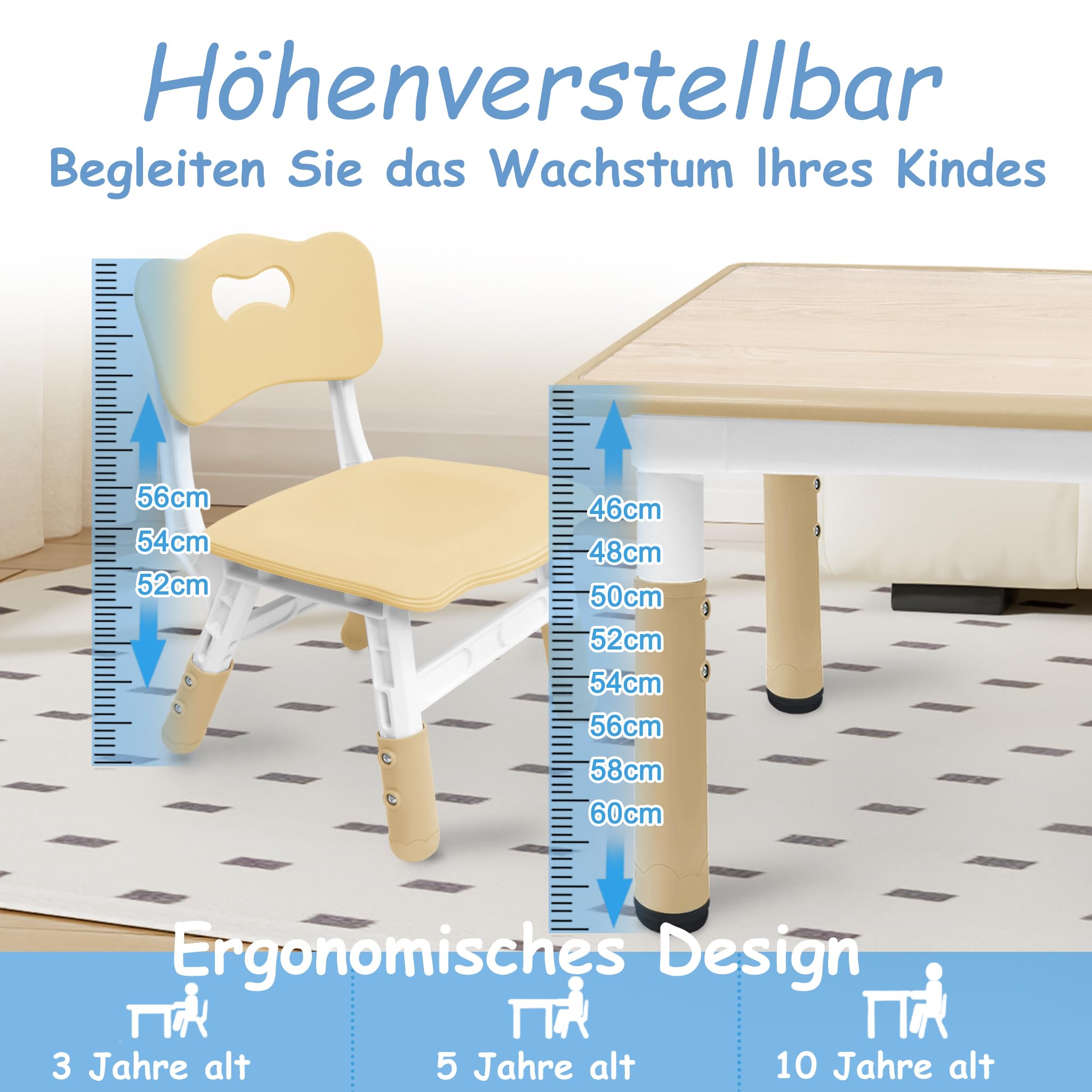 LARS360 Set da Tavolo per Bambini con 4 Sedie Regolabili, Set Tavolo Bambini in HDPE&ABS, Mobili Multifunzionali per Bambini a partire da 2 anni (120 x 60 x 60 cm, Colore Legno)