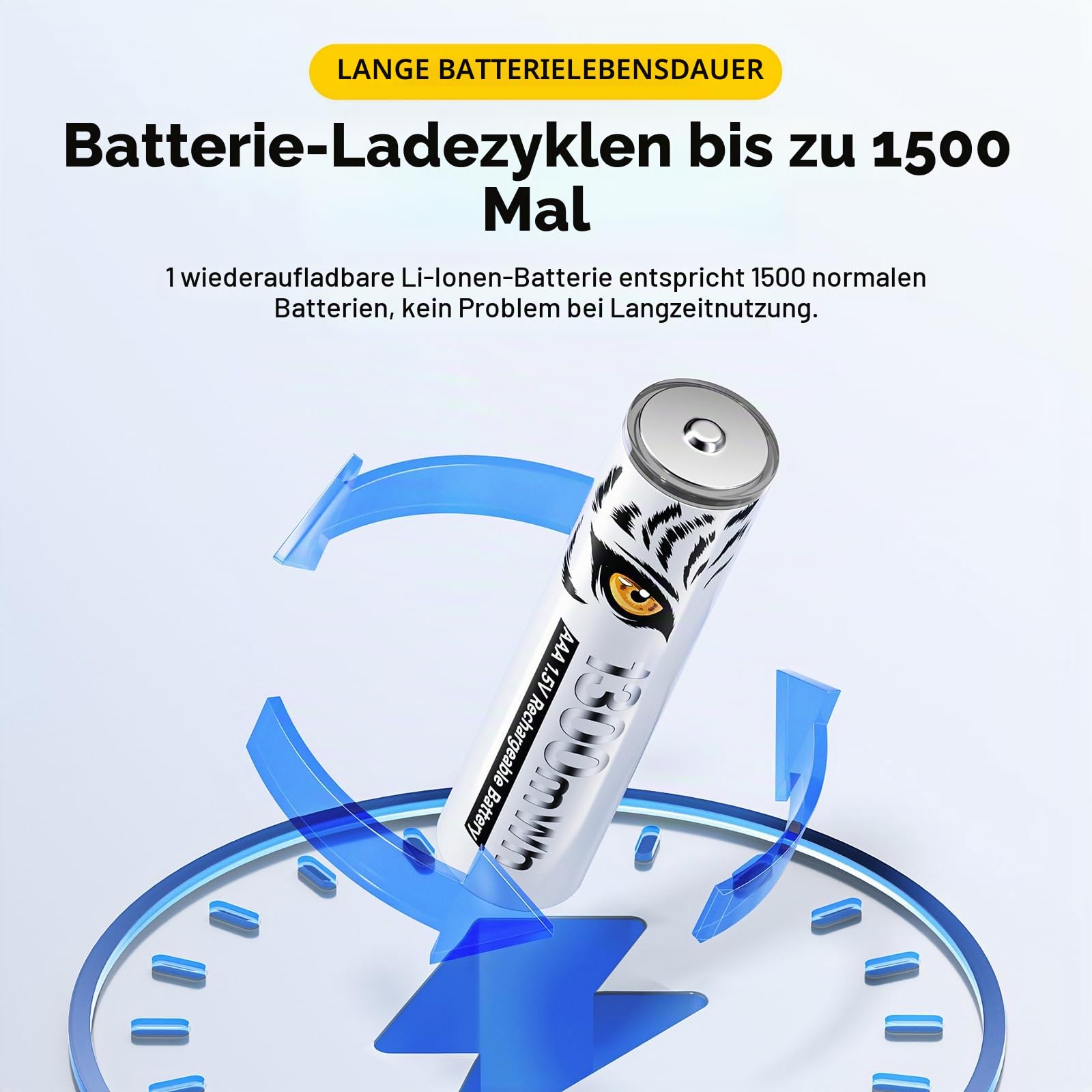 Lithium AAA Akku 1.5V 1300mWh, Tiger-Drucken & mit Ladelicht, 1500 Zyklus Geringe Selbstentladung AAA Batterien Wiederaufladbare, 16 Stück Akkus mit Batteriekasten