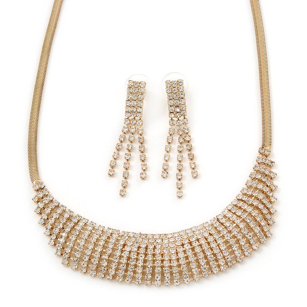 Novia/Boda/novia claro cristal austríaco Collar conjunto de collar y pendientes de gota en oro tono – 32 cm L/7 cm Ext