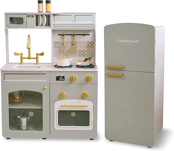 Teamson Kids Little Chef Normandy Wooden Play Kitchen Set with Sink Oven Modular Fridge & 14 Accessories for Toddlers & Kids 3+ Pretend Cooking Playset Large Vintage Style Smoky Green