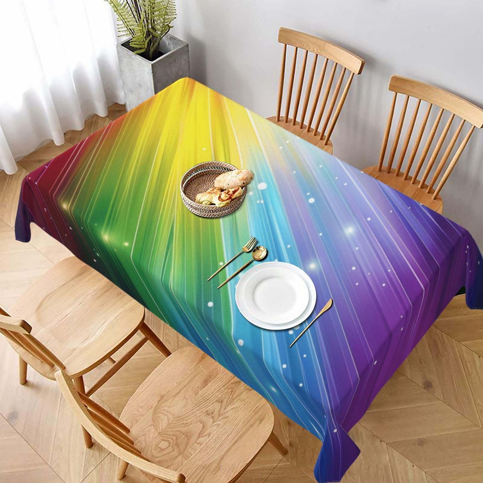 VVTDESA Rainbow Colorful Stripe Printed Tablecloth 60x90 Inch Rectangle Fabric Table Cover Washable Decor Table Cloth for Dining Tables,Party,Buffet,Camping