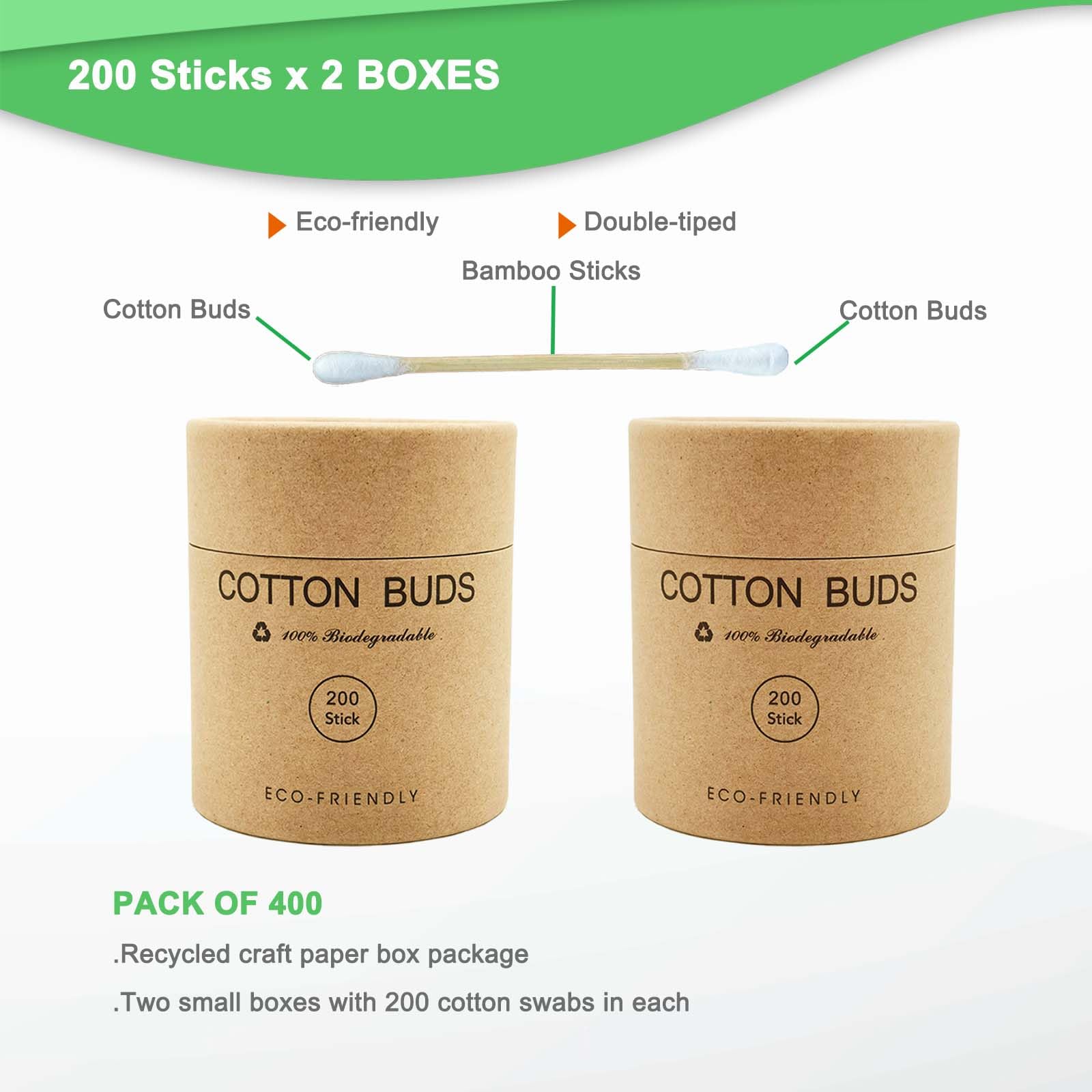 YILEAITECH Bamboo Cotton Swabs - 400 Count - Organic Cotton Buds for Ears, Eco Friendly Q Tips,Natural Wooden Cotton Swabs 3