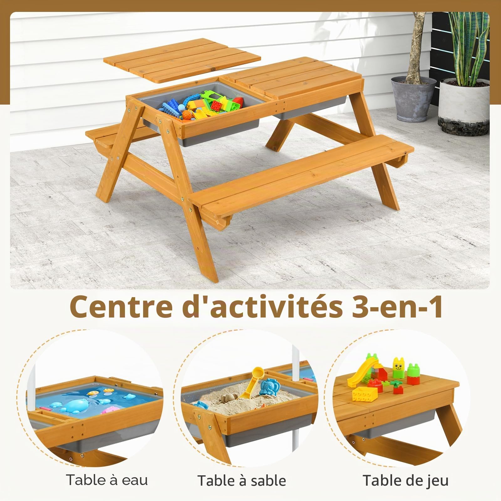 SOARS 3 in 1 Table Exterieur Enfant en Bois de Sapin, avec Parasol Réglable en Hauteur, Plateau de Table Amovible & 2 Boîtes de Jeu, Charge 50KG, pour Garçon & Fille 3-7 Ans (Vert + Blanc)