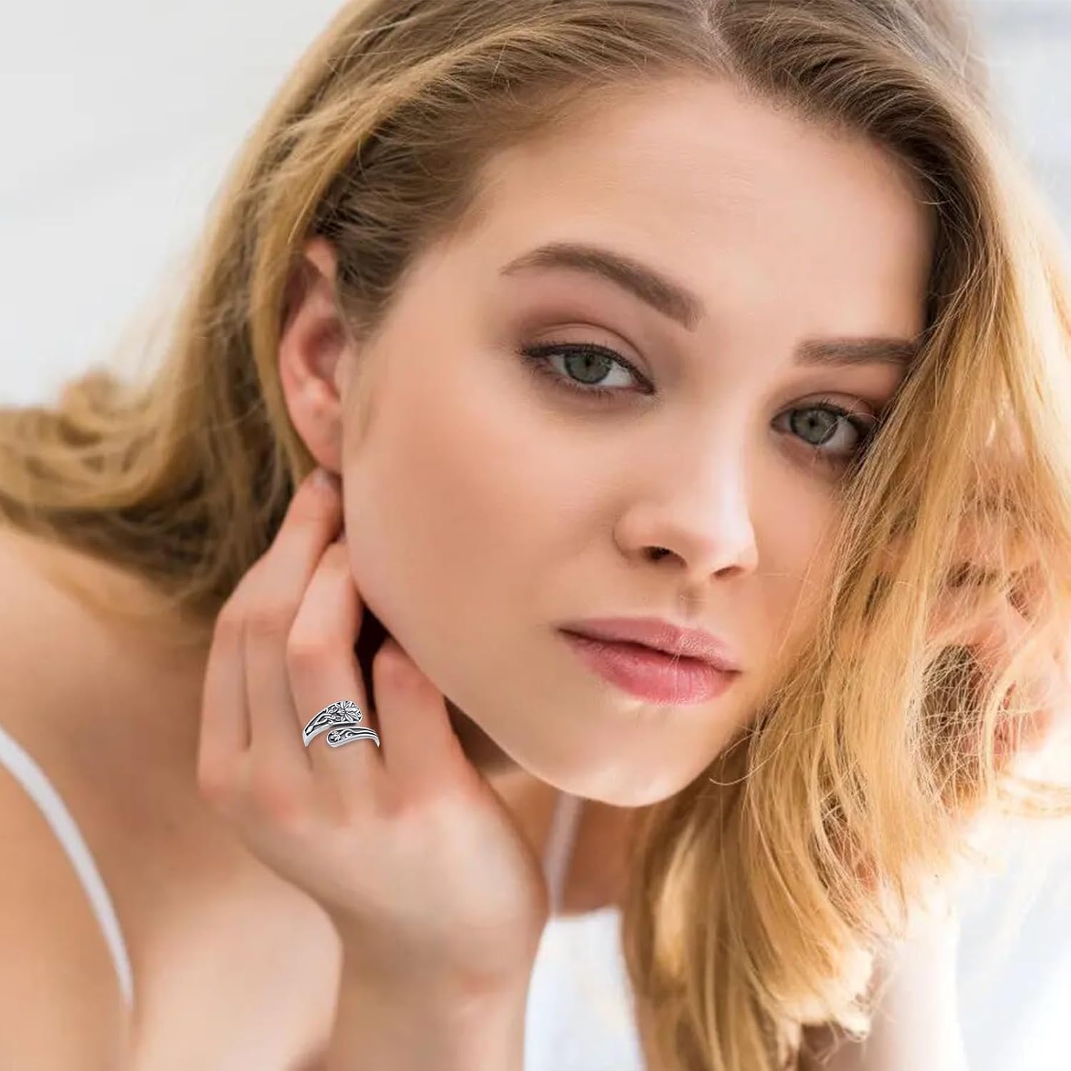 OHAYOO Sterling Silver Moss Agate Sunflower Spoon Ring Vintage Thumb Ring Bohemian Adjustable Open Rings Boho Victorian Vintage Flower Thumb Statement Rings Jewelry Gifts for Women