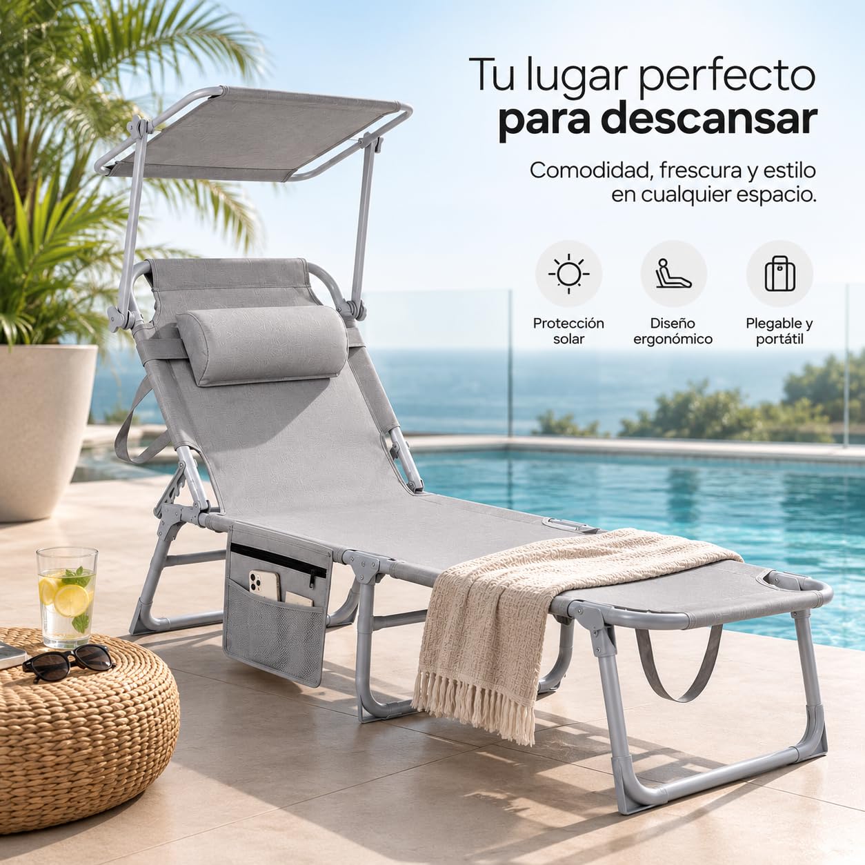 Pack 2 tumbonas Plegables con Parasol Ajustable y cojín reposacabezas – Respaldo multiposición, Bolsillo Lateral, Estructura metálica, jardín terraza Piscina y Playa, Gris