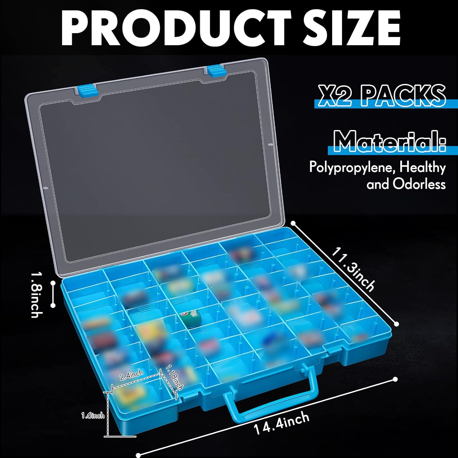 Juexica 2 Pcs Large 48 Grids Plastic Storage Bead Organizer Box, Tackle Box, Compartment Organizer Container with Adjustable Dividers for Jewelry Art Crafts Toys Screw Small Parts(Blue)