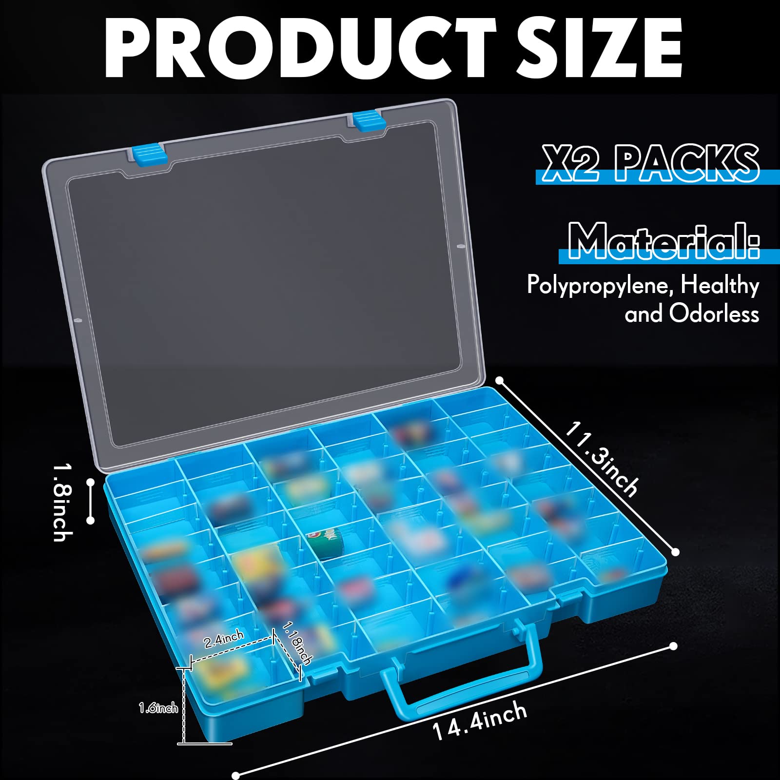 Juexica 2 cajas organizadoras de plástico transparente con 48 rejillas grandes con separadores extraíbles, compartimento ajustable, caja de almacenamiento para piezas pequeñas, manualidades, joyería