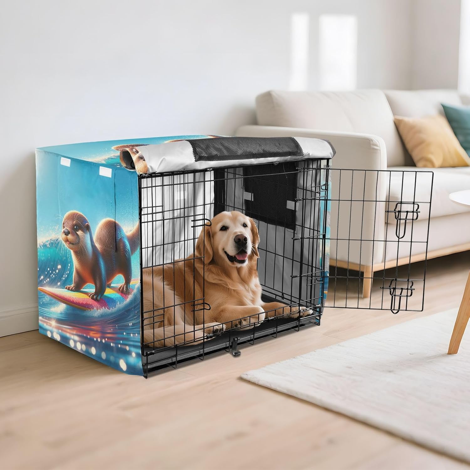 Cute Otter Surfing Funny Dog Crate Covers Breathable, S-XL Windproof Crate Cover for Dog, X-Large