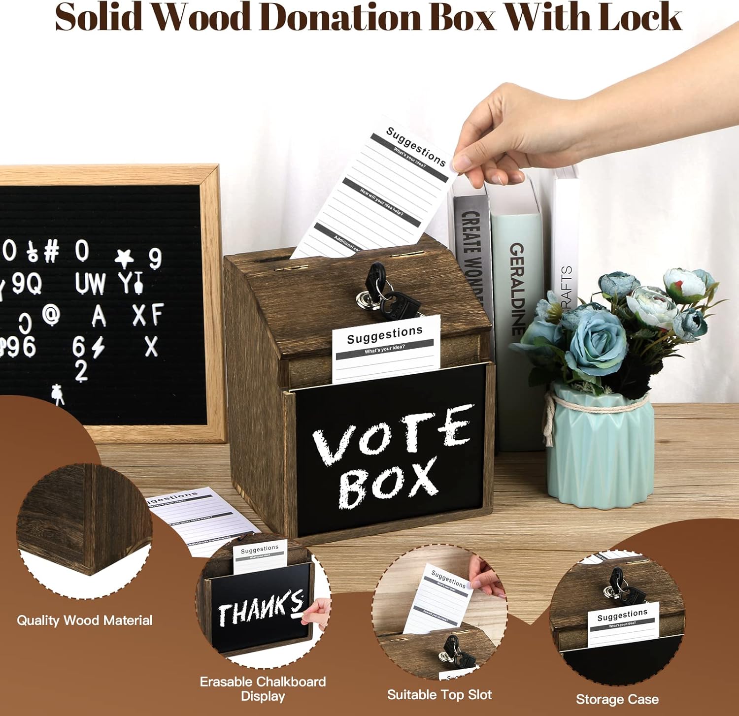 Wood Suggestion Box with Lock - 6 Chalkboard, 100 Suggestion Cards, Tip Jar, Wall Mountable Donation Box, 8x7x6Inches