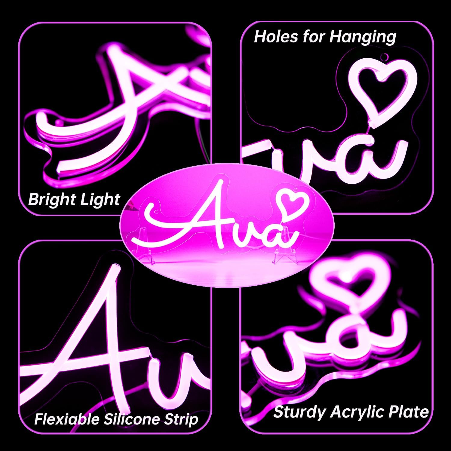 Ava Name LED Neon Sign, Name Decoration Dimmable Light for Bedroom, Kids Room, Living Room, Birthday Party Decoration, Neon Sign Gift for Girl, Birthday Name Decor for Girl, Size 14 * 5.9 inches - Image 5