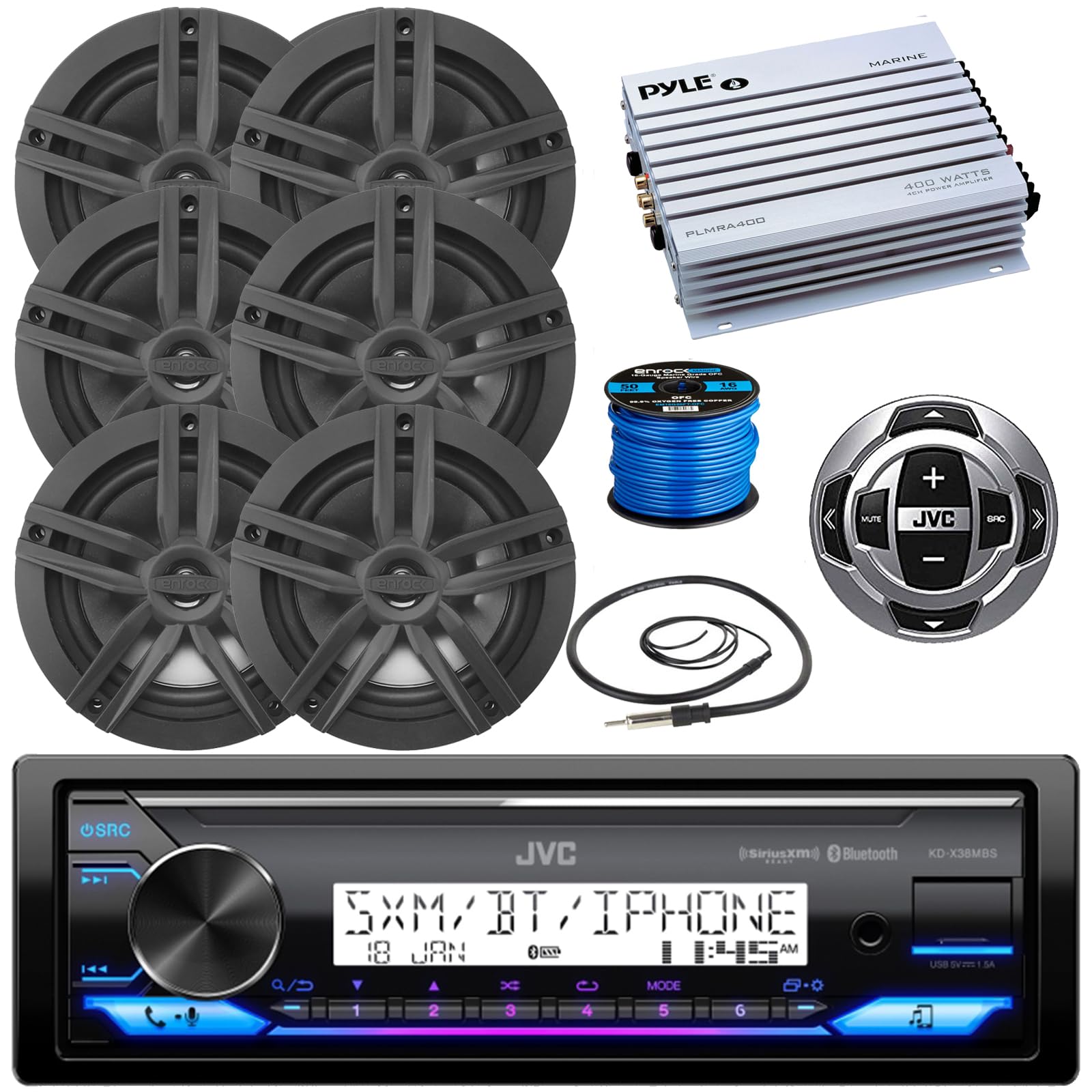 JVC Marine Stereo Receiver Bundle Kit with Remote Control, 6 Enrock 6.5" Marine Speakers, Pyle 4 Ch 400w Waterproof Amplifier, Enrock Wire Antenna, Enrock 50 ft Speaker Wire (Black)