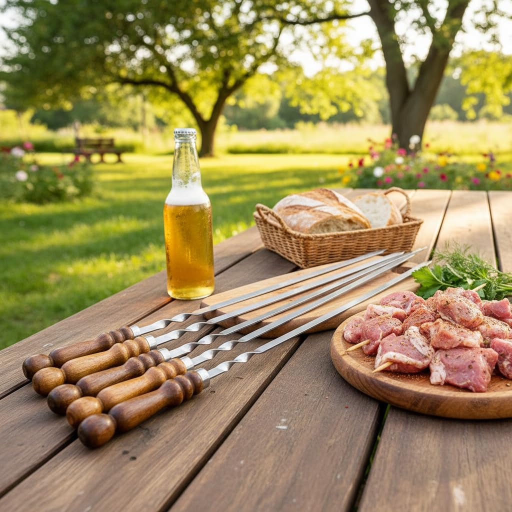 Set aus 11 Schaschlikspießen mit Tasche Kebab Schampura Grillspieße aus Edelstahl Fleischspieße BBQ Lagerfeuer Spieße