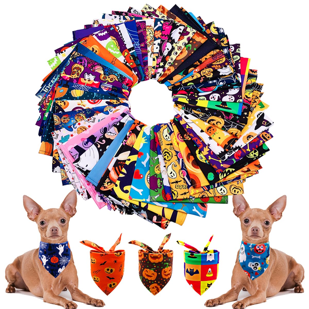 Bandana Halloween pour chien : lot de 50 accessoires réglables citrouille et fantôme