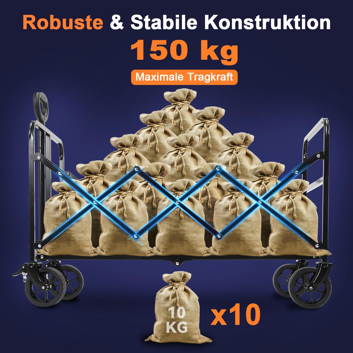 Bollerwagen Faltbar, Handwagen faltbar 150L Tragkraft 150KG mit verstellbarem Griff, Offroad-Rädern für Camping Garten Outdoor 94x43x42cm