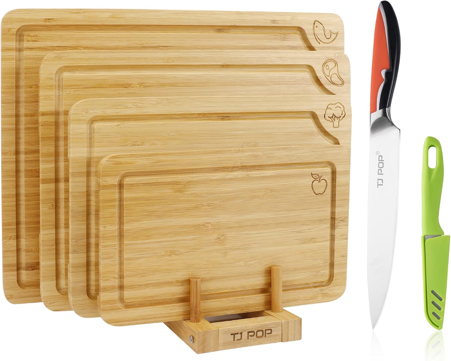 4-Piece Labeled Bamboo Cutting Board Set with Stainless Steel Carving Knife, Kitchen Prep Bundle for Meat, Vegetables & Fruits