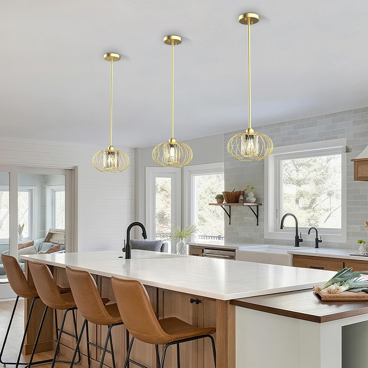 Brushed Gold Pendant Lights Kitchen Island, Modern Gold Crystal Pendant Light Fixtures with Adjustable Rod, Mini Chandelier Hanging Pendant Lights for Kitchen Hallway Dining Room Bedroom(1 Pack)
