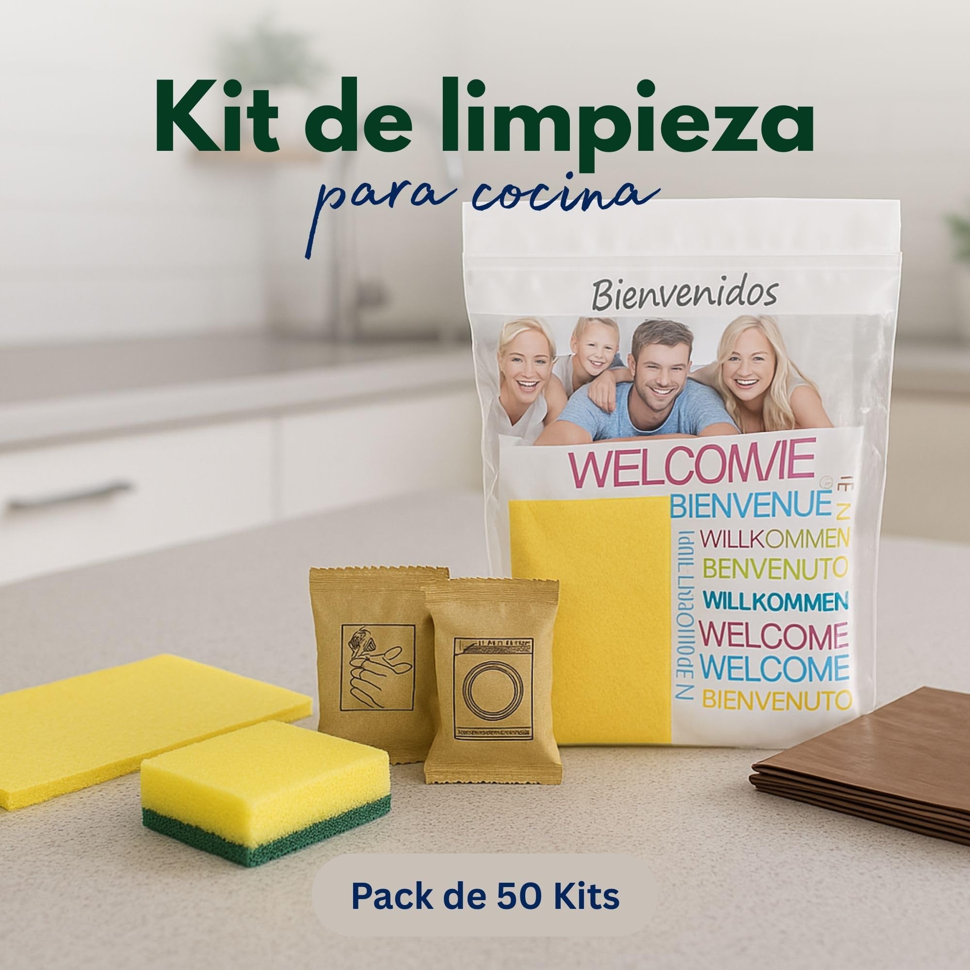 Kit Pulizia Cucina 50 Pezzi con Panno Giallo, Spugna Salvadita, Detersivo Piatti 15 ml, Detergente 15 ml e Sacco Rifiuti – Set Cortesia Cucina di Benvenuto