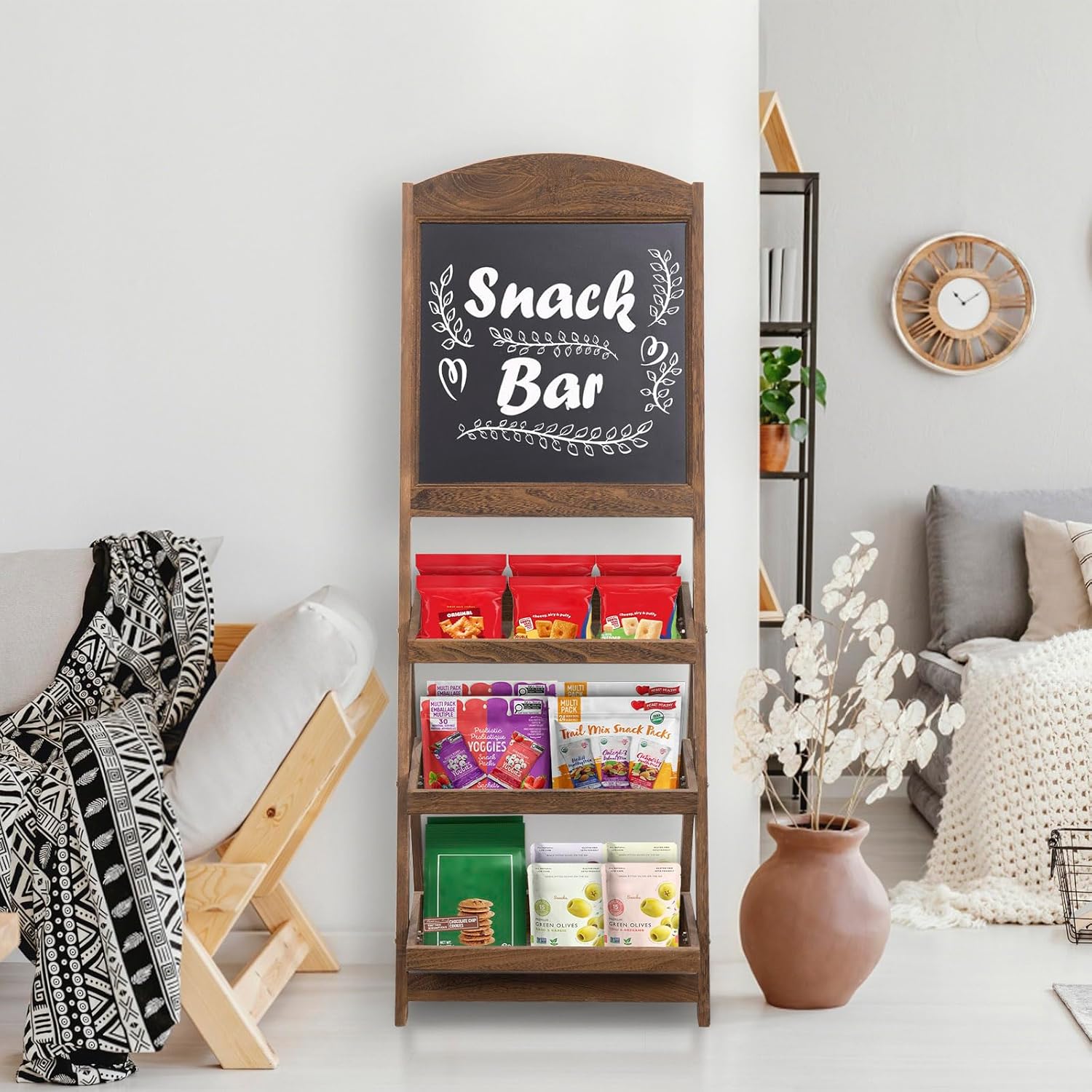 MyGift Rustic Burnt Wood Freestanding Chalkboard Easel with 3-Tiered Display Shelves, Decorative Chalkboard Plant Shelf Stand