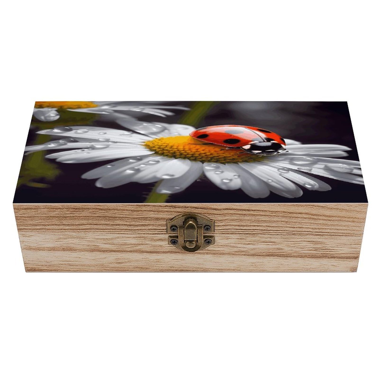 VstaDank Ladybug on Daisy Flower Wooden Storage Box with Hinged Lid Natural Wooden Box Beautifully Keepsake Boxes Vintage Wood Boxes Jewelry Organizer Trinket Storage Chest Unique Gift