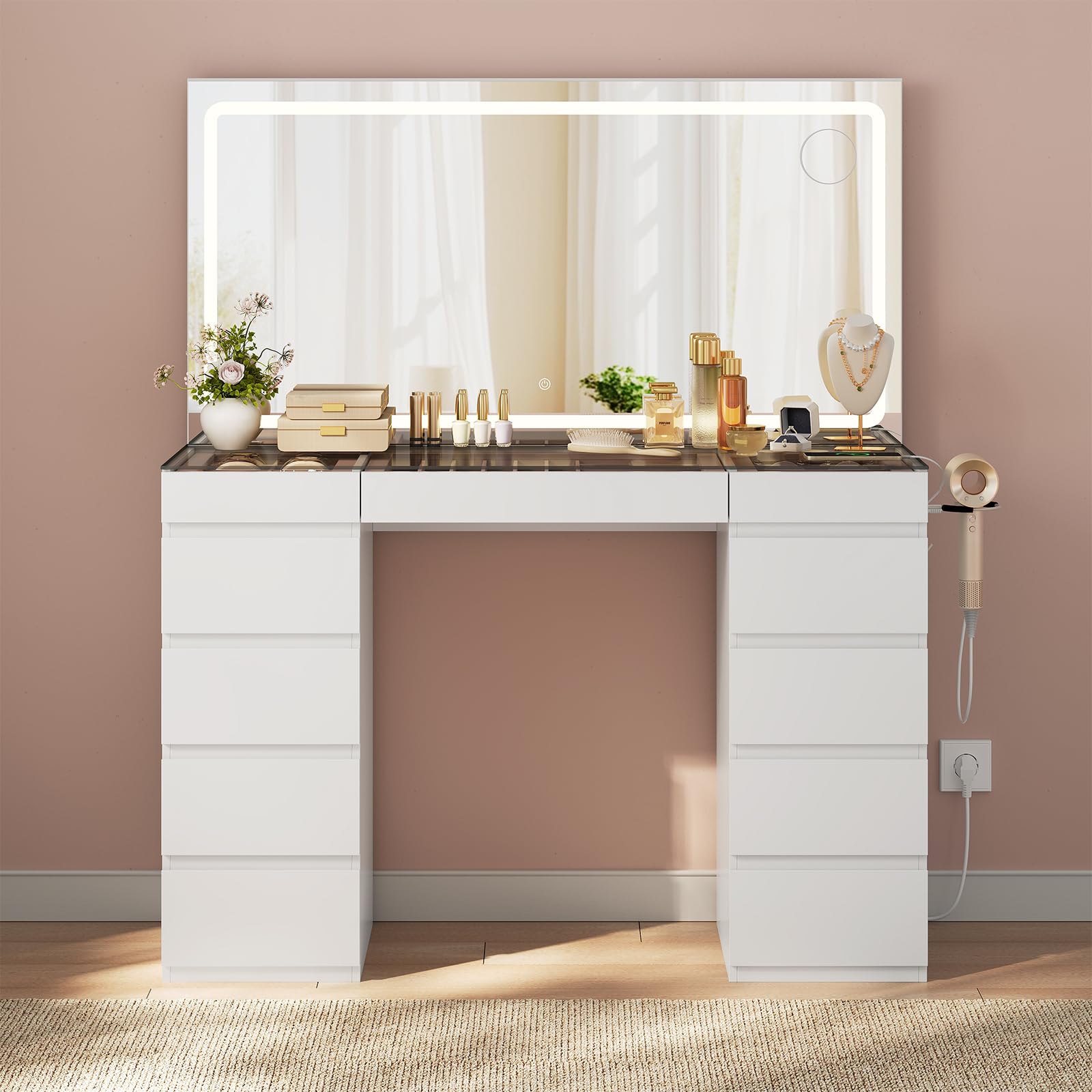 WOLTU Coiffeuse avec Grand Miroir LED, Plateau en Verre, Table de Maquillage avec 11 Tiroirs, Station de Charge, Compartiments à Bijoux & Support Sèche-Cheveux, Meuble Moderne pour Chambre, Blanc