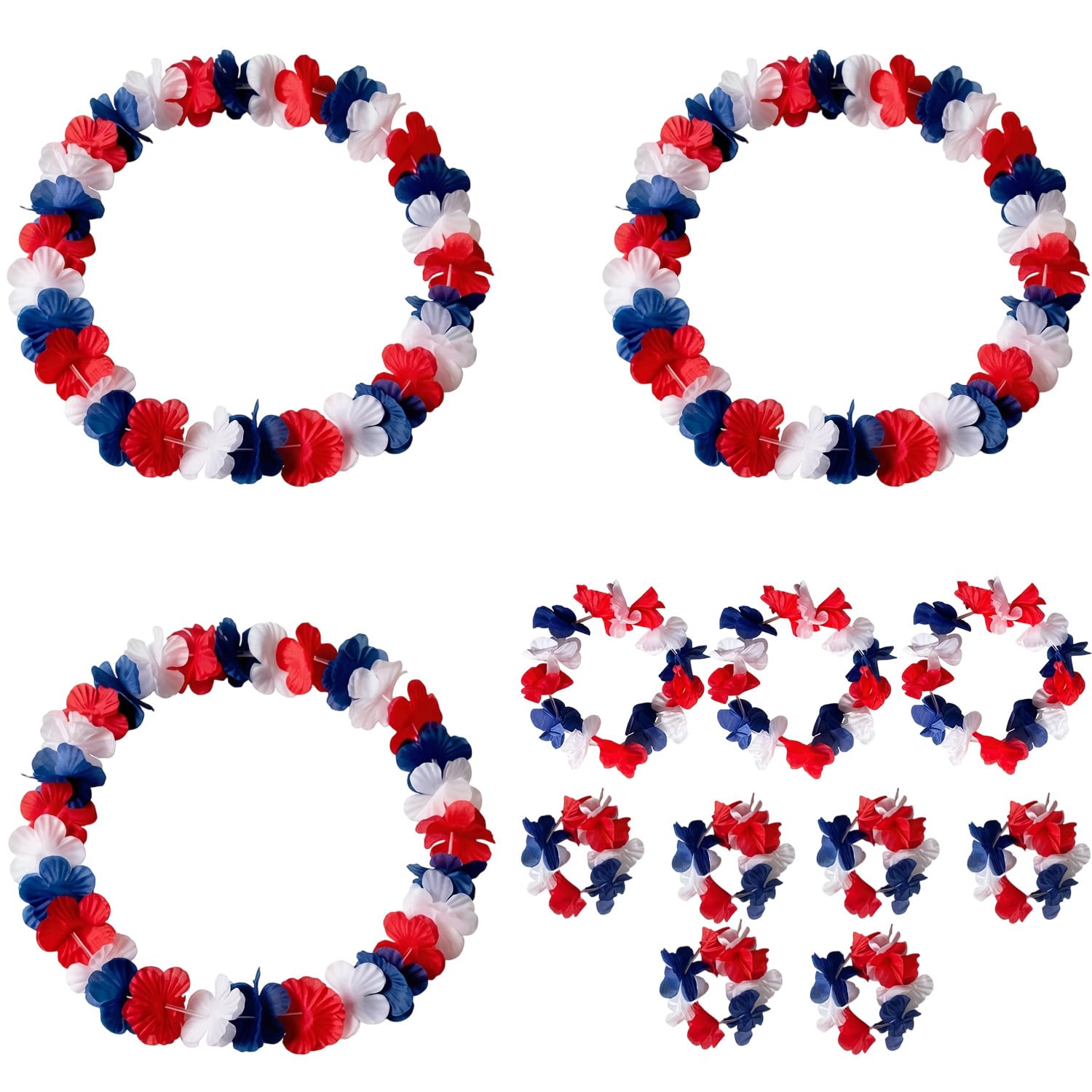 Lot de 12 Colliers Hawaiens Fleurs Bleu Blanc Rouge, 3 ensembles de 4 pièces (collier, bandeau, bracelets) pour supporters, accessoire de fête pour matchs de football et soirées à thème France