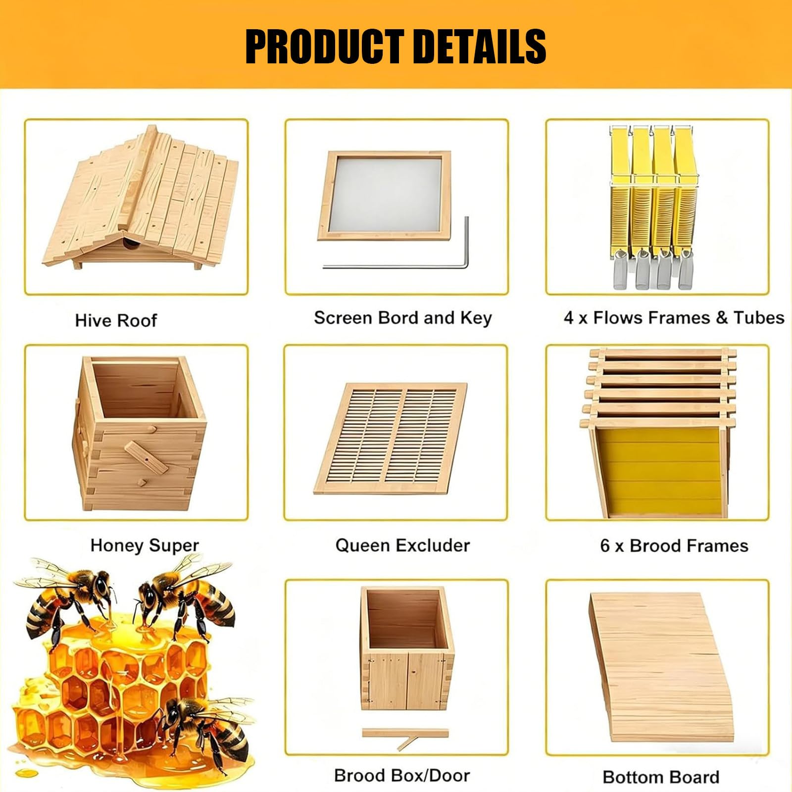 Kit de inicio de colmena de flujo automático, caja de colmena de abeja de madera con ventana de observación y boquilla de miel, kit completo de apicultura para principiantes, aficionados al