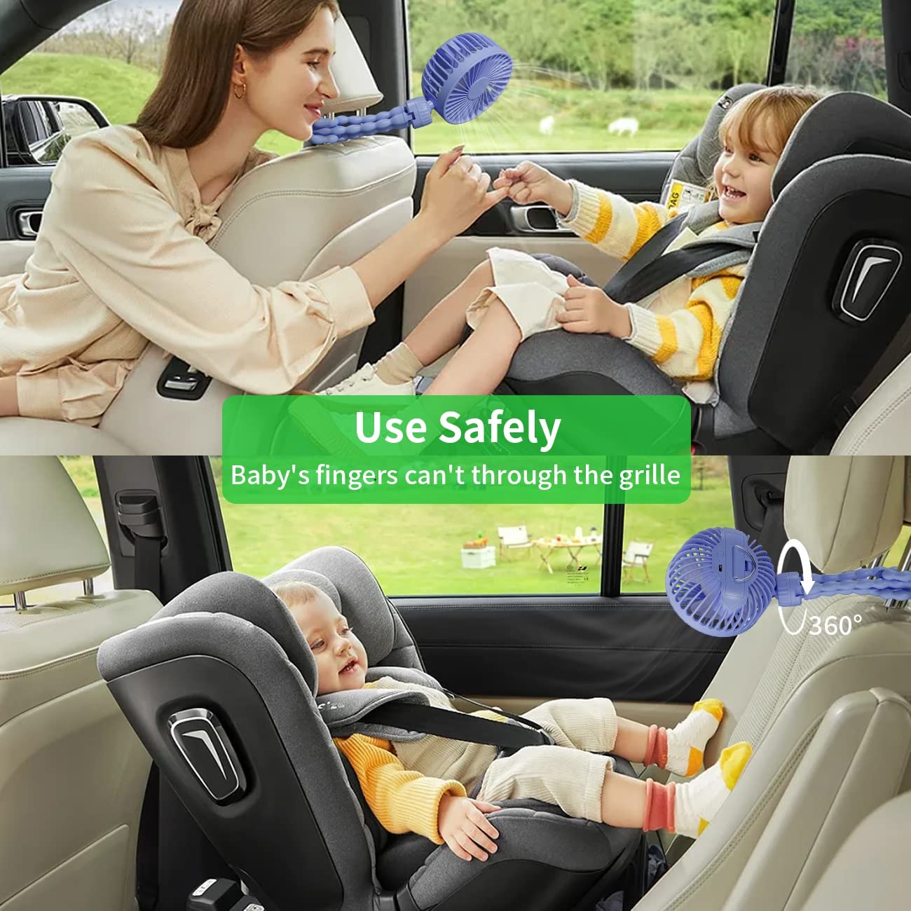 Ventilatore Portatile per Passeggino, Batteria Ricaricabile USB Piccolo Ventilatore a Clip per Bambini, Ventola a 3 Velocità Girevole Flessibile per Auto, Campeggio, bici - Blu