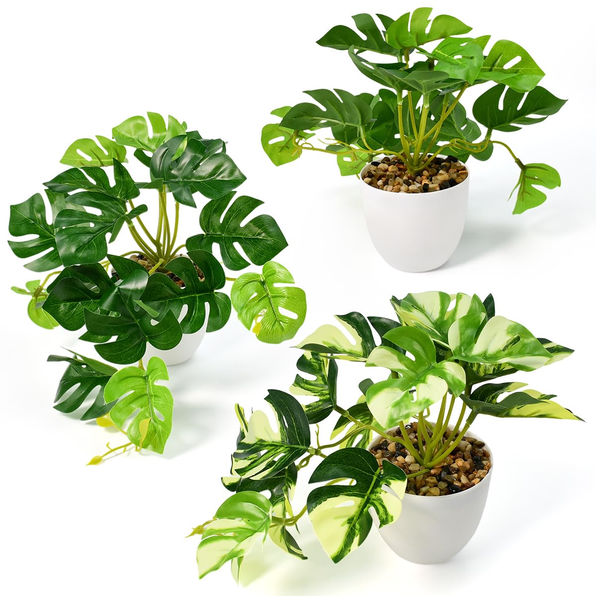 Monstera artificiel Real Touch lot de 3 plantes tropicales en pot durables intérieur extérieur