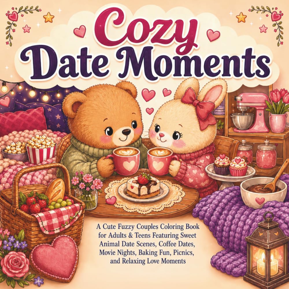 Cozy Date Moments: A Cute Fuzzy Couples Coloring Book for Adults & Teens Featuring Sweet Animal Date Scenes, Coffee Dates, Movie Nights, Baking Fun, Picnics, and Relaxing Love Moments