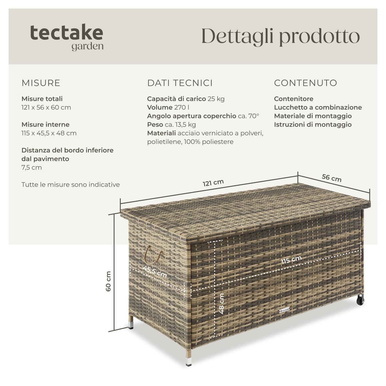 tectake Box Contenitore da Esterno Acciaio Polyrattan 120x55x61,5cm 270 L