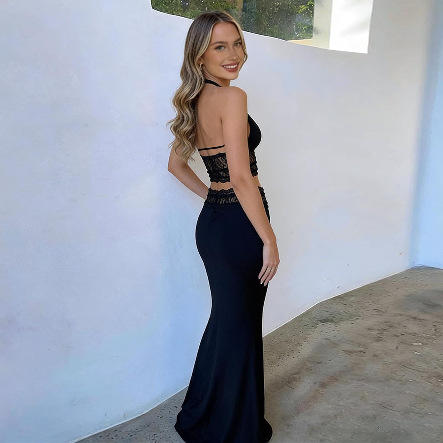 REASERAL Women's Lace Skirt Set: Sleeveless Halter Top & Maxi Lace Skirt - Sexy Vacation Party Outfit - Black