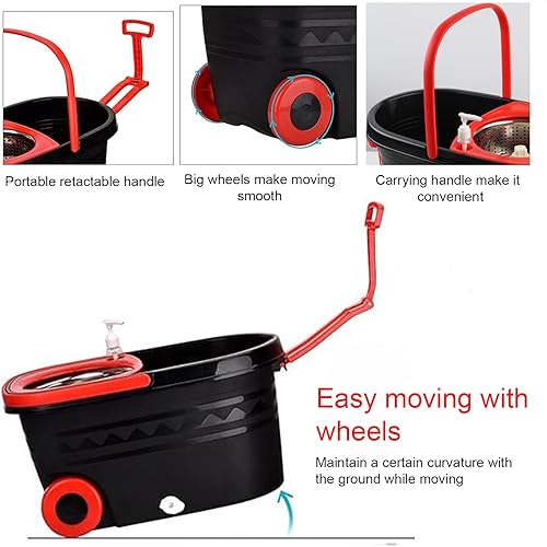 Miniatura 5 de Trapeador giratorio y cubo con escurridor en ruedas, sistema de cubo giratorio de 360 con 3 cabezales de repuesto de microfibra, mango extendido de