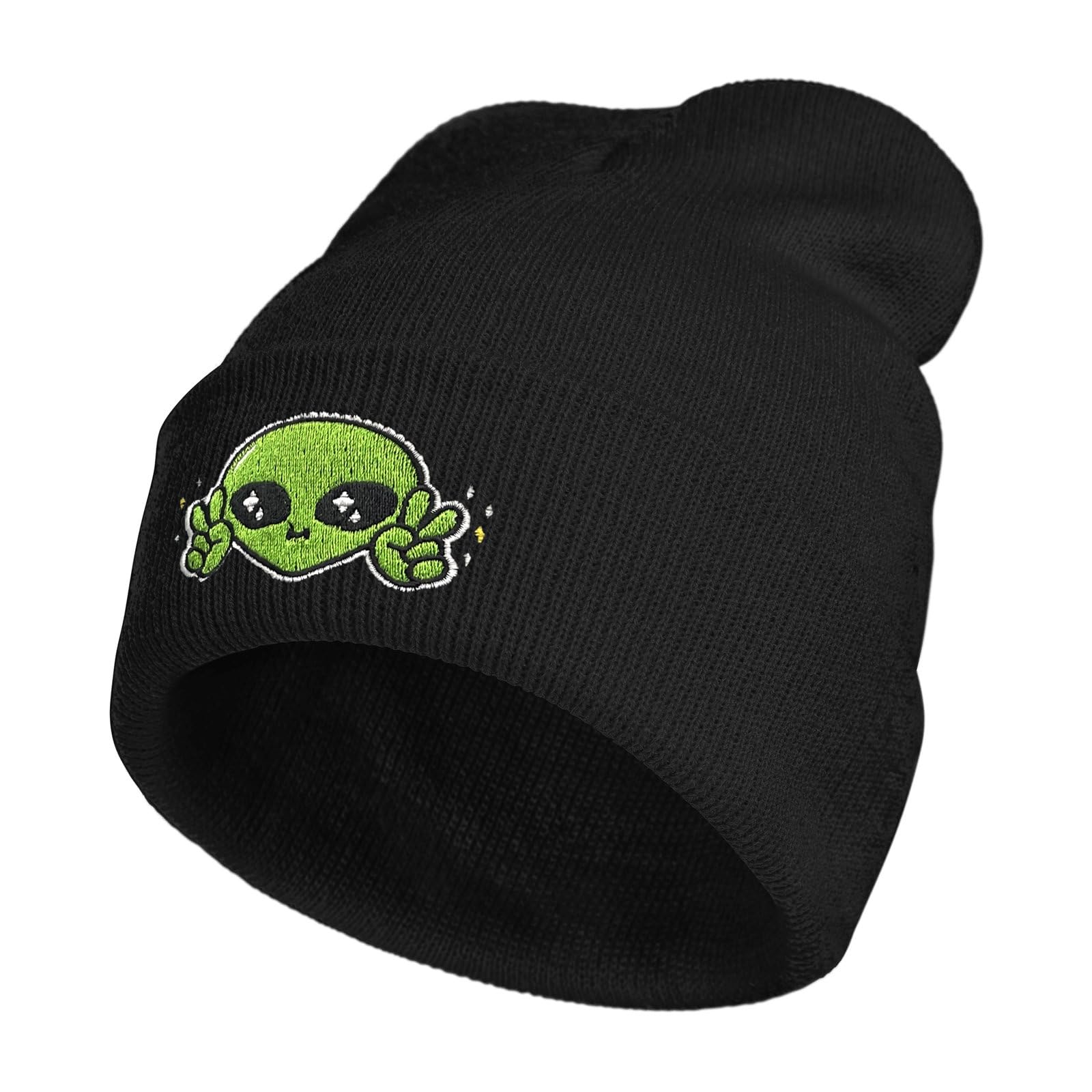 Cute Alien Peace Embroidery Beanie Hat for Men Women Winter Warm Stretch Skull Knit Hats Cap Black