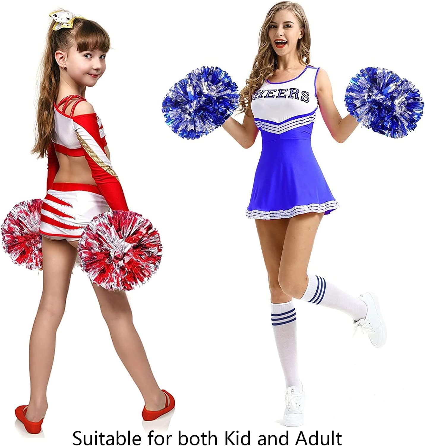 Fonyiunce Lot de 2 Pompons de pom-pom girl Avec Poignées Pom Girl Métallisée, Belle Pom-pom Girl à la Main, Rubans de Fleurs pour Compétition Sportive, Danse, Cheers, Adultes et Enfants