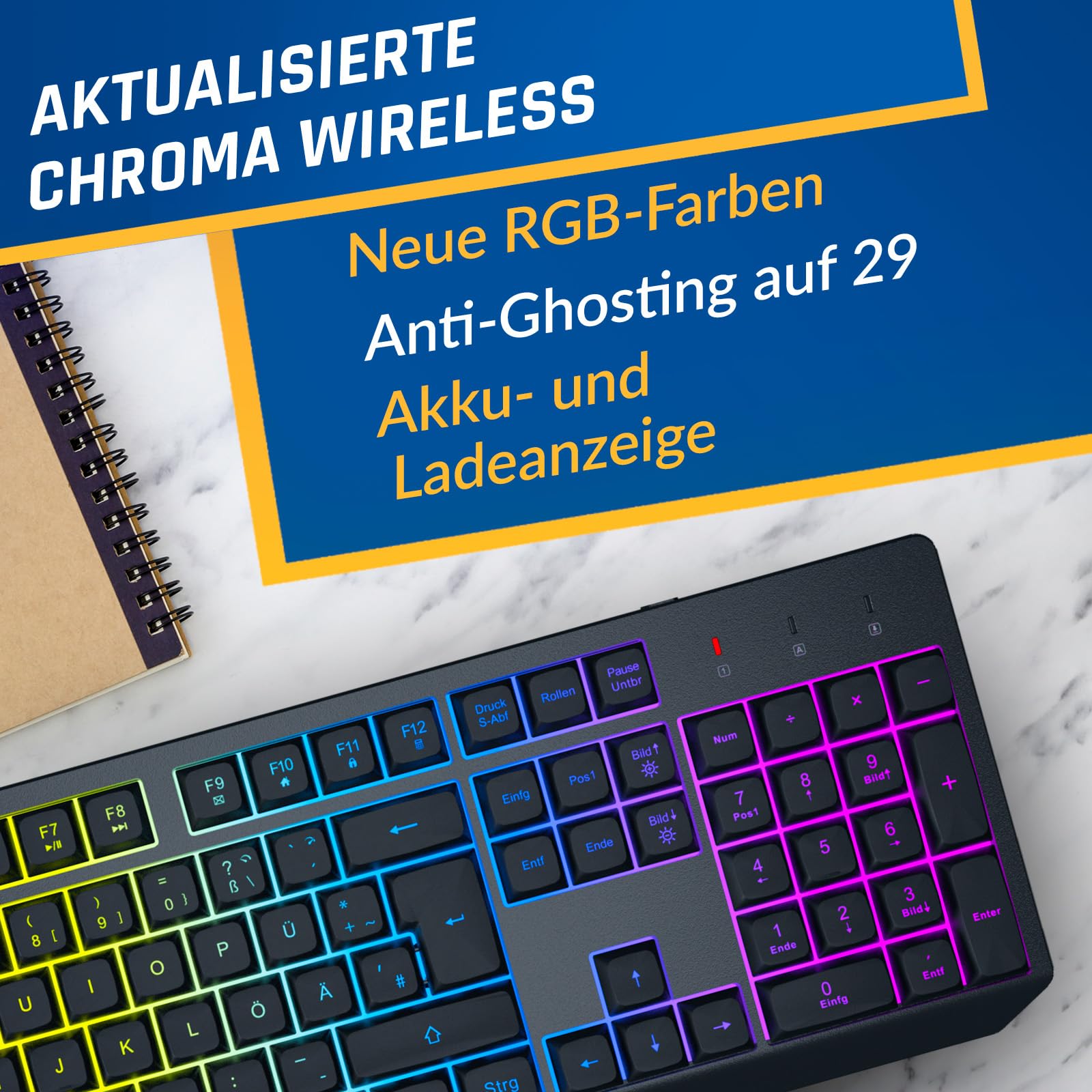 KLIM Blaze & Chroma - Set tastiera senza fili QWERTZ piatto, ergonomico, tastiera per mouse per PC, batteria integrata e durevole
