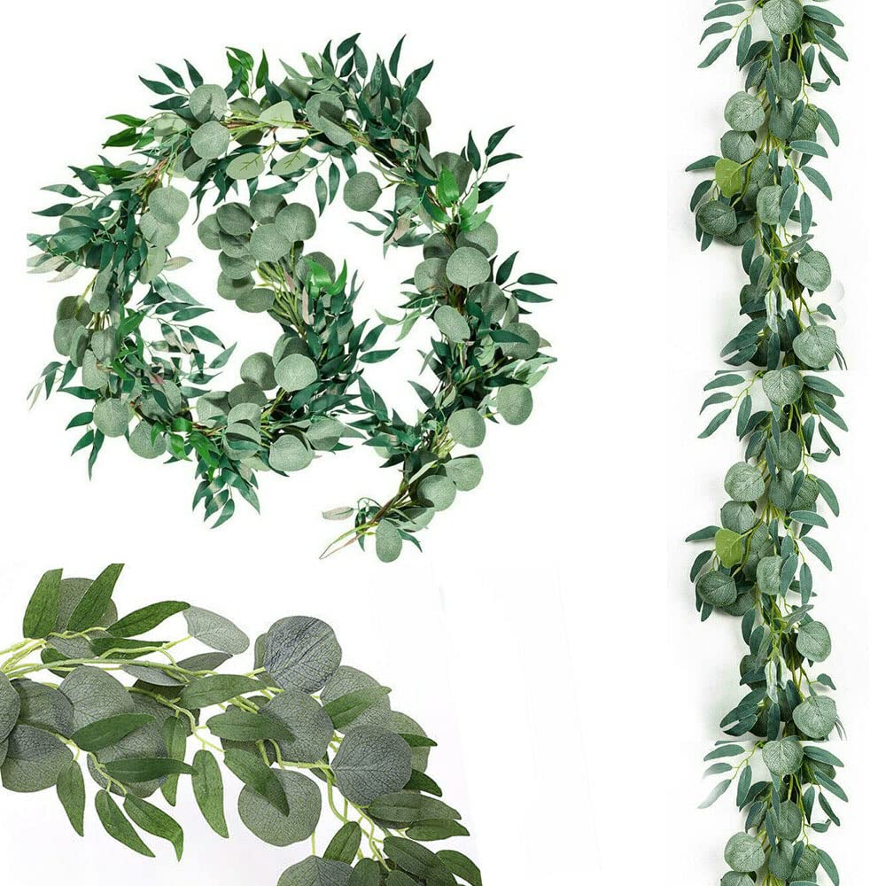 ARIATI 2 Pack Greenery Garlands 13Ft Artificial Eucalyptus Garland with Willow Leaves Faux Silver Dollar Leave Vines for Wedding Arch Table Centerpieces Stairway Party Backdrop Doorframe Décor