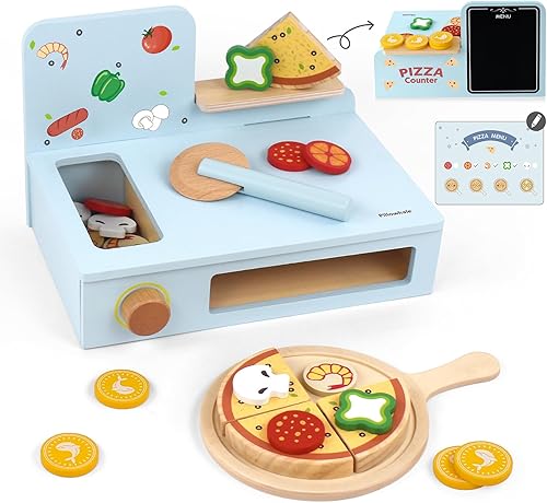 Juego de juguetes de pizza de madera, comida de juego para cocina, juego de mesa de pizza de madera, accesorios de cocina para niños y niñas a