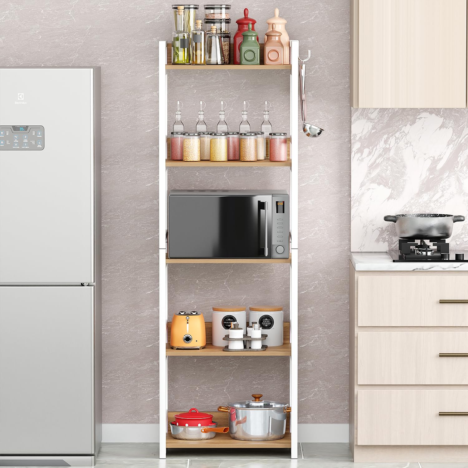 Lukzer | MKR-005 | White | 5-Layer Multipurpose Storage Rack – Heavy-Duty Metal & Wood Shelf Organizer with Hooks & Anti-Slip Footpads for Kitchen, Bedroom, Office & Bathroom | 166 x 60 x 39 cm - Image 2 thumbnail