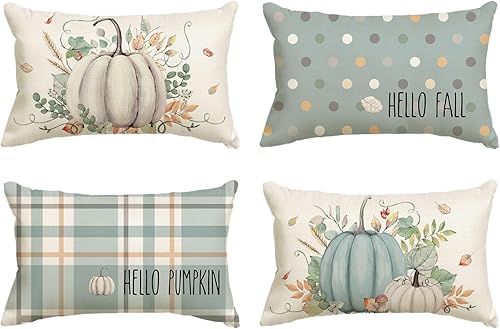 AVOIN colorlife Juego de 4 fundas de almohada con texto en inglés Hello Fall Hello Pumpkin, 12 x 20 pulgadas, cosecha de Acción de Gracias, color