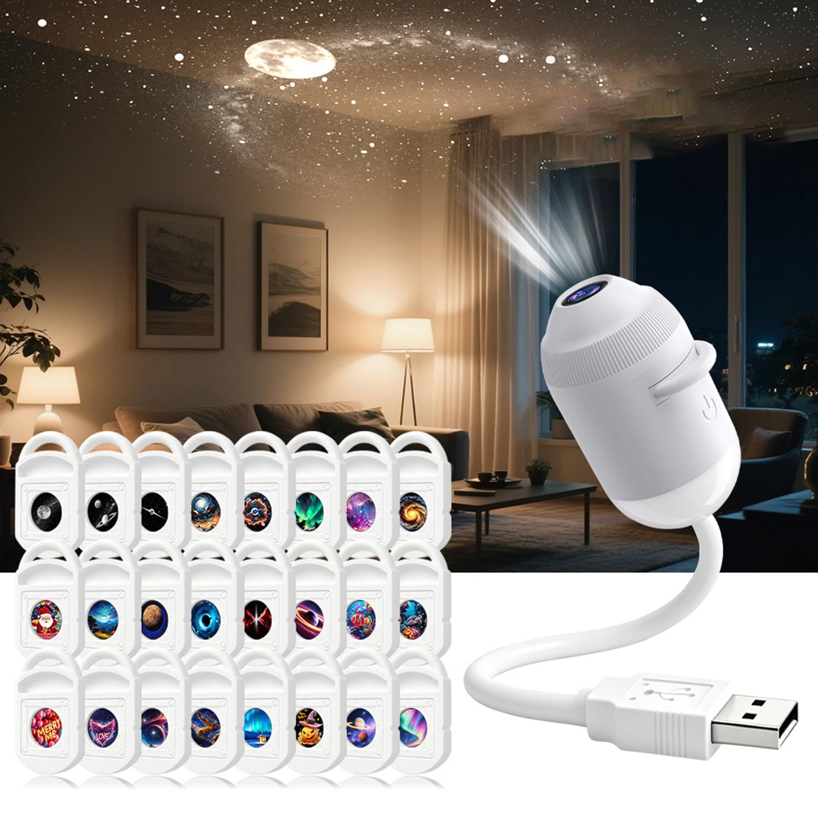 Icettry Projector, Lcettry Star Light, Ocean and Galaxy Projector, Plug and Play HD StarProjector, 360 Rotating USB Galaxy & MoonProjector Night Light, for Bedroom Ceiling Car，24 Films