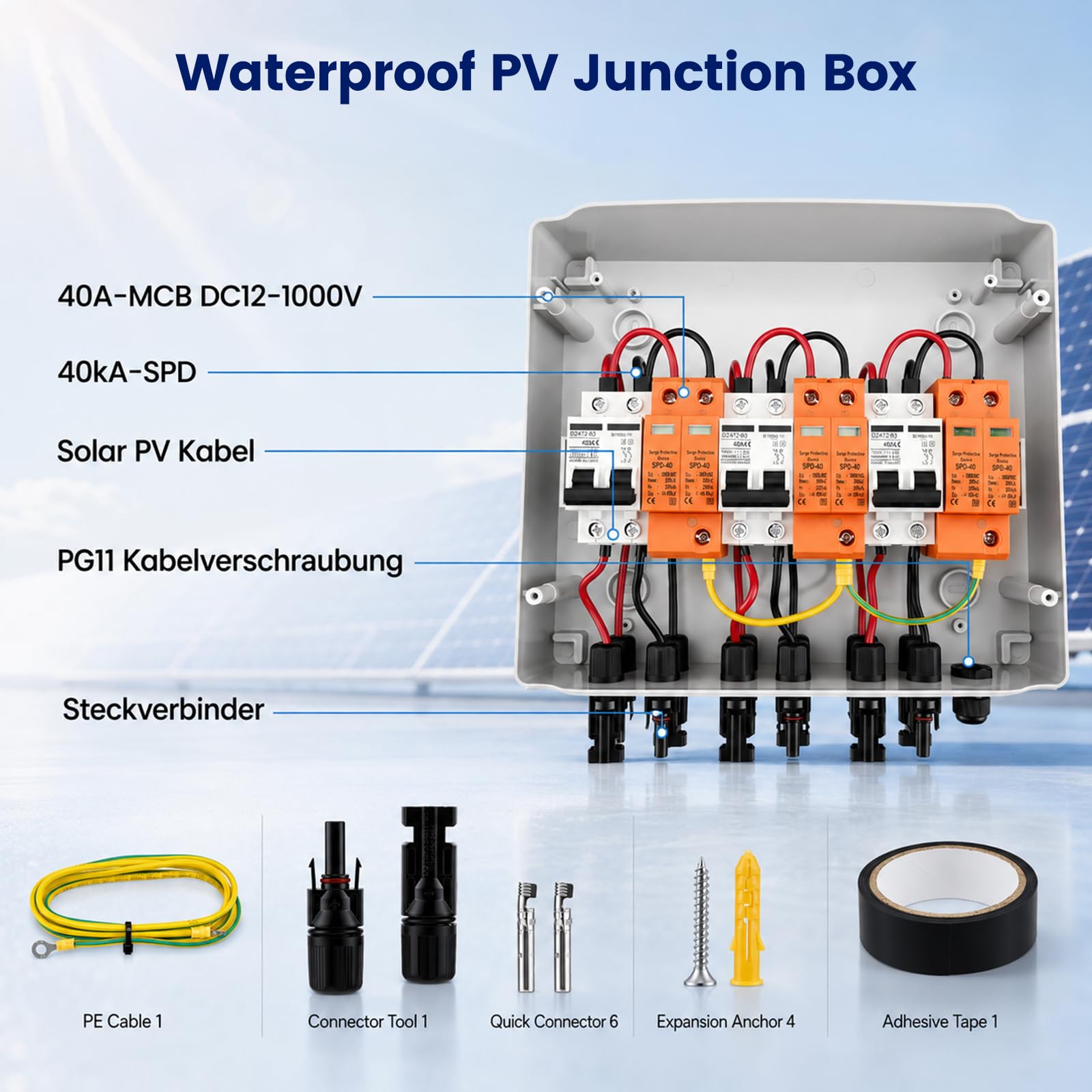 Überspannungsschutz PV, 3 Strings Solar Anschlusskasten, 40A/DC1000V Blitzschutz Leitungsschutzschalter, Solar PV Anschlusskasten IP65 Wasserdicht, für PV Anlage, 3 in 3 out