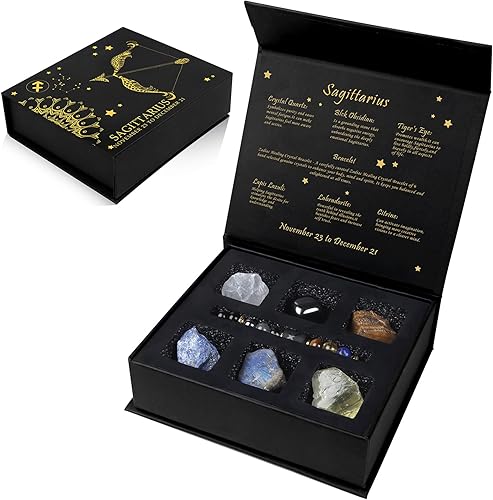 GolbalJew Juego de regalo de cristales de Sagitario, signos del zodiaco, piedras de nacimiento de cristales curativos con caja de horóscopo, pulsera