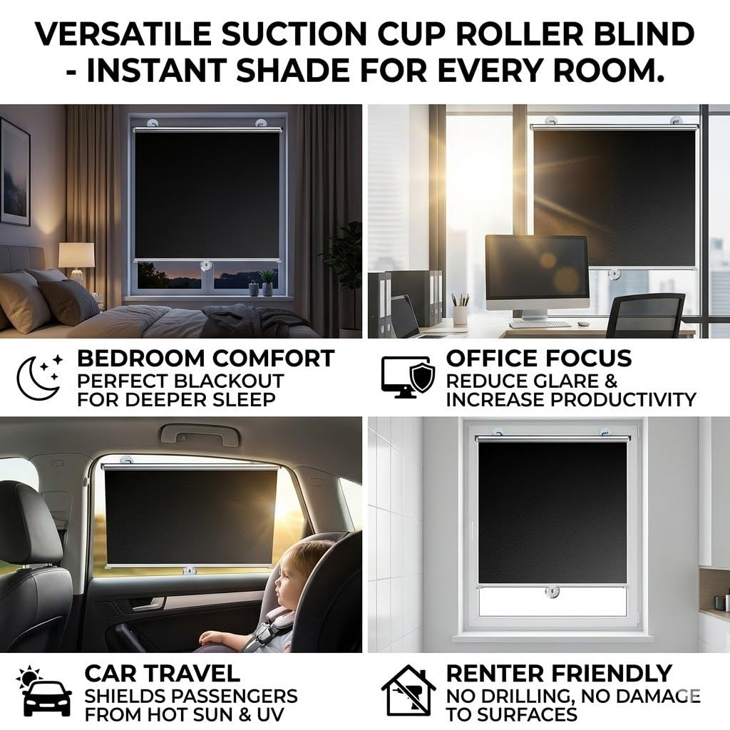 Verdunklungsrollo ohne Bohren mit Saugnäpfen, Thermorollo Sonnenschutz Fenster Innen, Tragbares Fensterrollo Sichtschutz für Dachfenster Schlafzimmer Auto(80W x 190H cm)