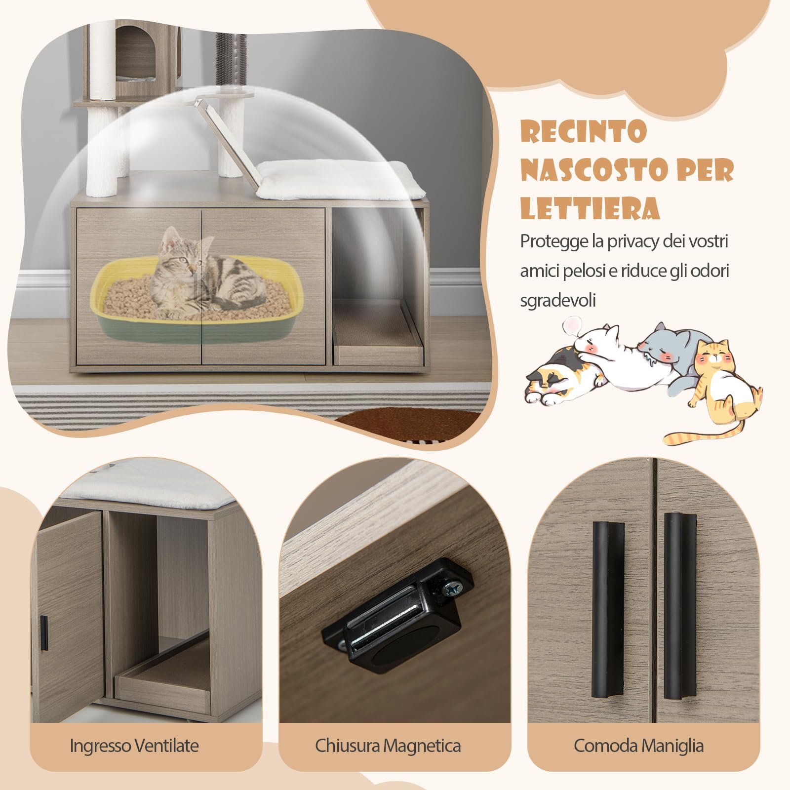 COSTWAY Albero per Gatti con Mobile per Lettiera, Torre per Gatti Moderna 2-in-1 con Doppie Cucce, Piattaforma Superiore, Pali in Sisal, Tiragraffi, Rampino, Piattaforma e Palline, Grigio